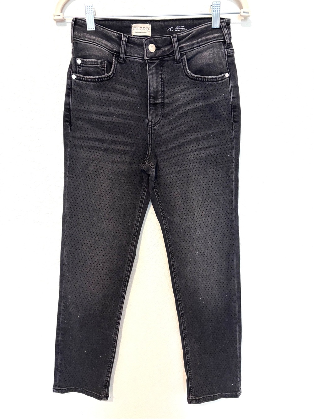 Pilcro Anthro Black Gem Rhinestone High Rise Straight Jeans Women’s 26 Edgy